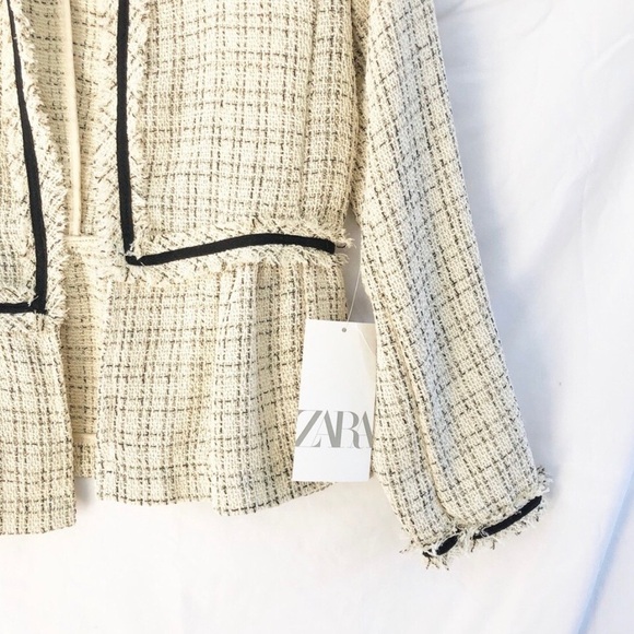 ZARA | NWT SMALL BOUCLE FRINGE TWEED OPEN PEPLUM BLAZER - Picture 7 of 9